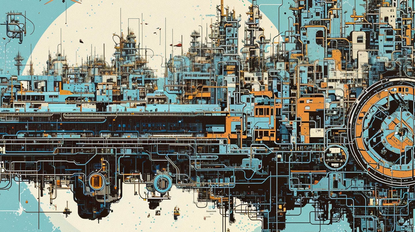 Enormous megacity in isometric blueprint schematics, turquoise, orange and black technical linework
