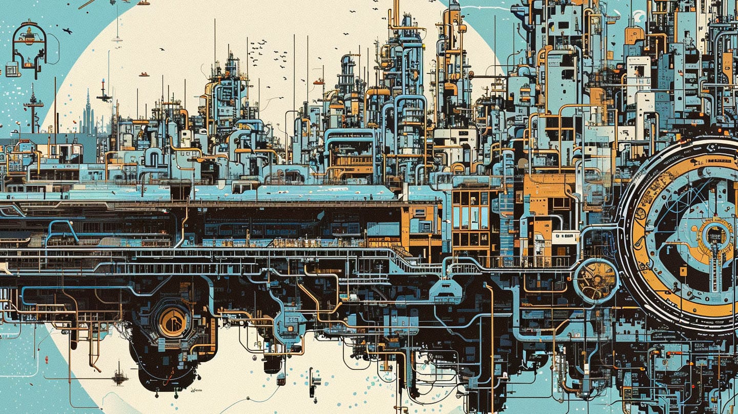 Enormous megacity in intricate isometric blueprint linework, teal, cream, orange and black