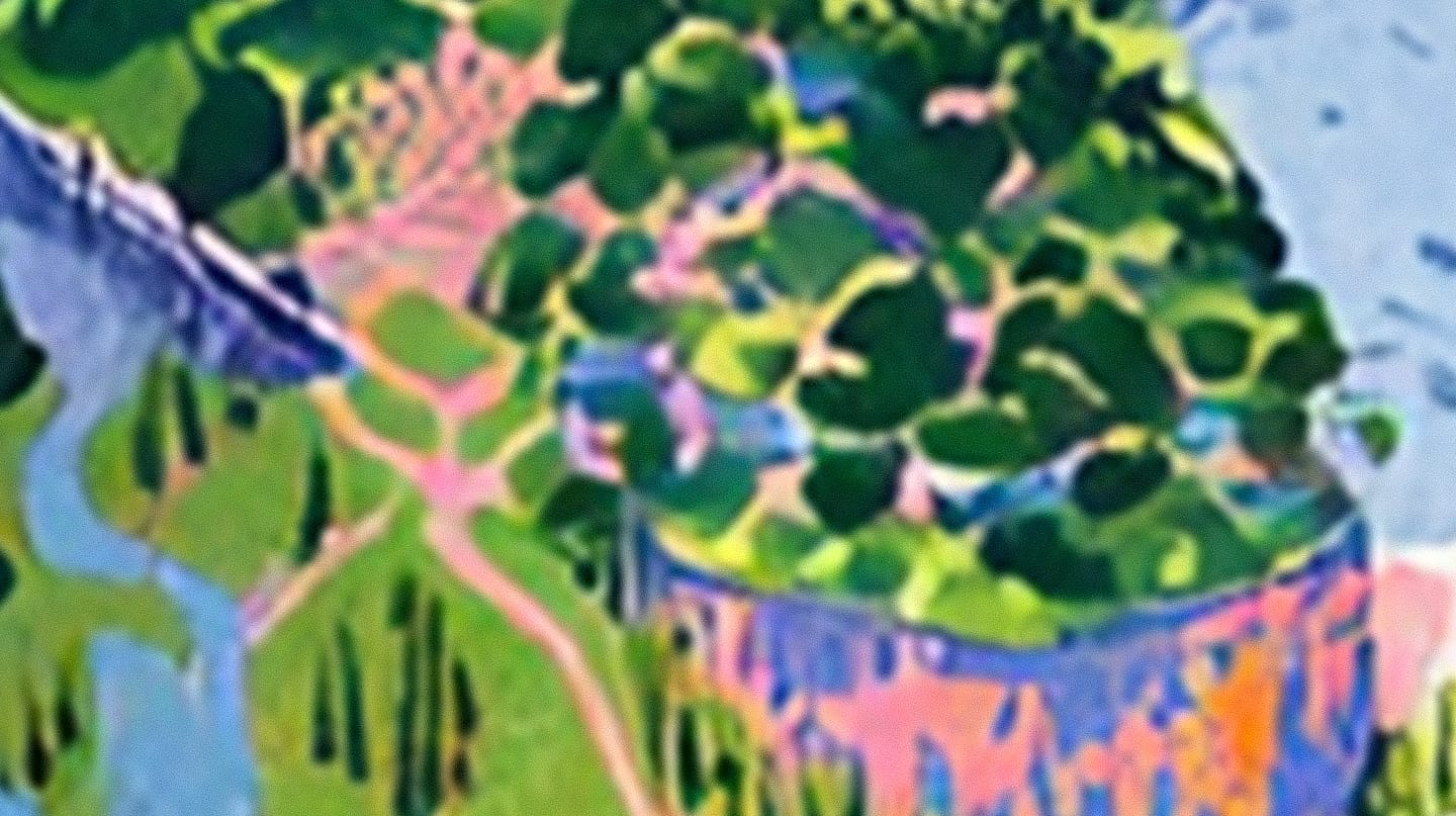 Minimalist video game map with winding paths and greenery in a bright, soft-colored style
