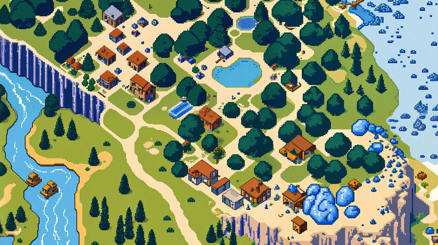 Minimalist video game map with villages, trees, rivers, cliffs, and blue ice in pixel art