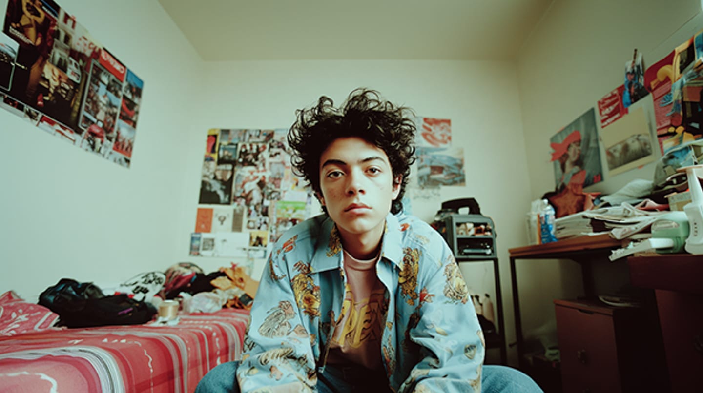 Young dramatic actor in his room, editorial photography with muted teal and warm red tones