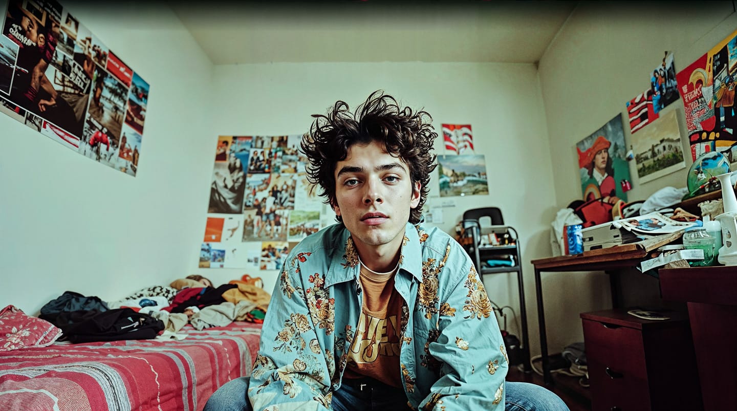 Young dramatic actor in his room, editorial photography with muted colors and soft indoor light