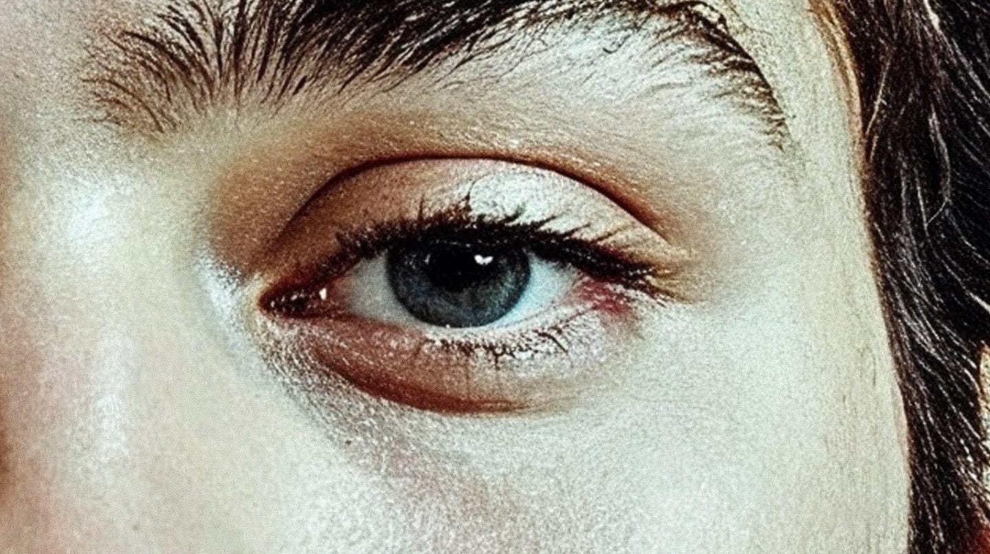 Close-up of a blue eye in editorial photography style, with grainy texture and soft light