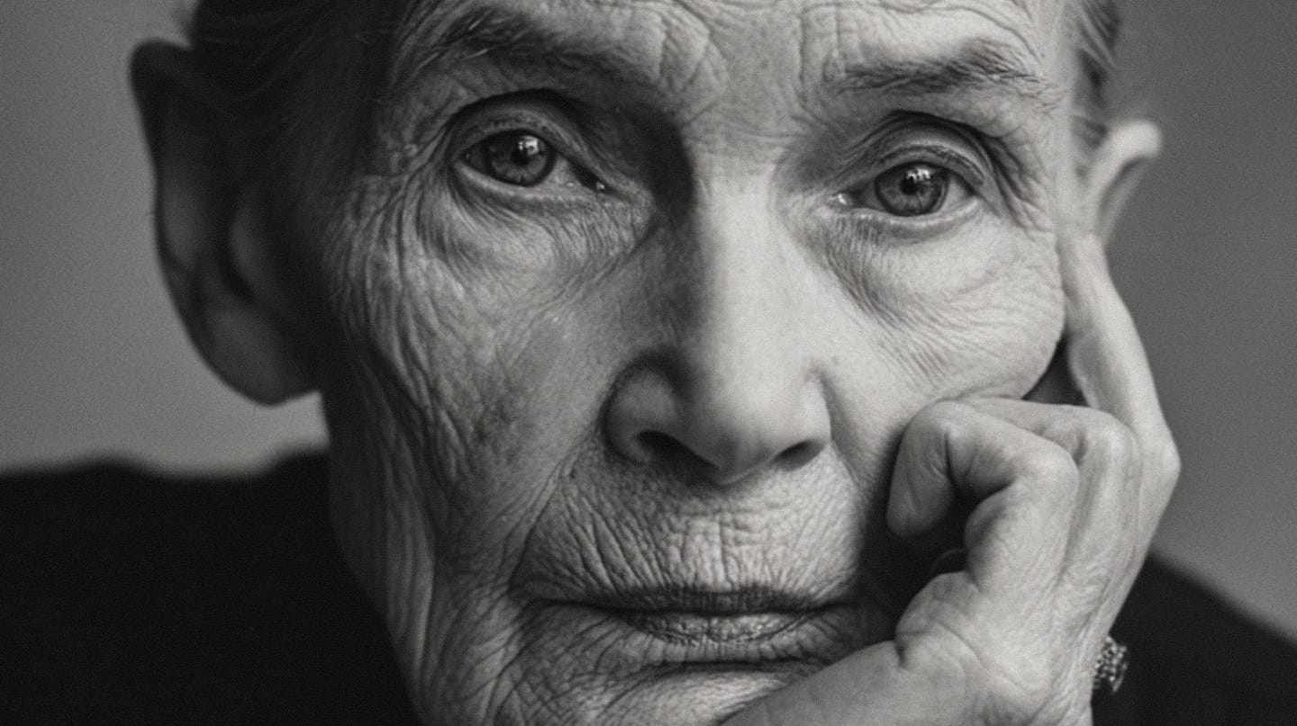 Elderly woman with slicked-back hair in a stark black-and-white photographic close-up