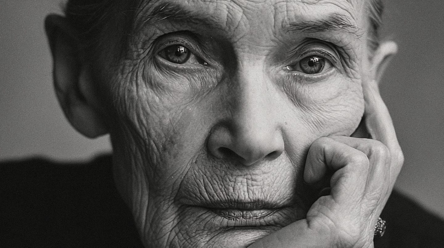 Elderly woman with slicked-back hair in a stark black-and-white photographic portrait