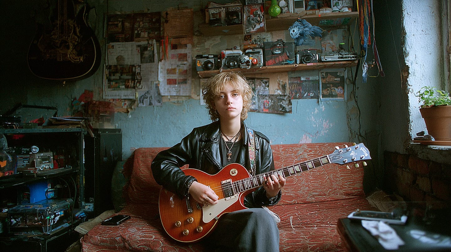 Young rock guitarist in a cluttered room, cinematic editorial photography with moody natural light