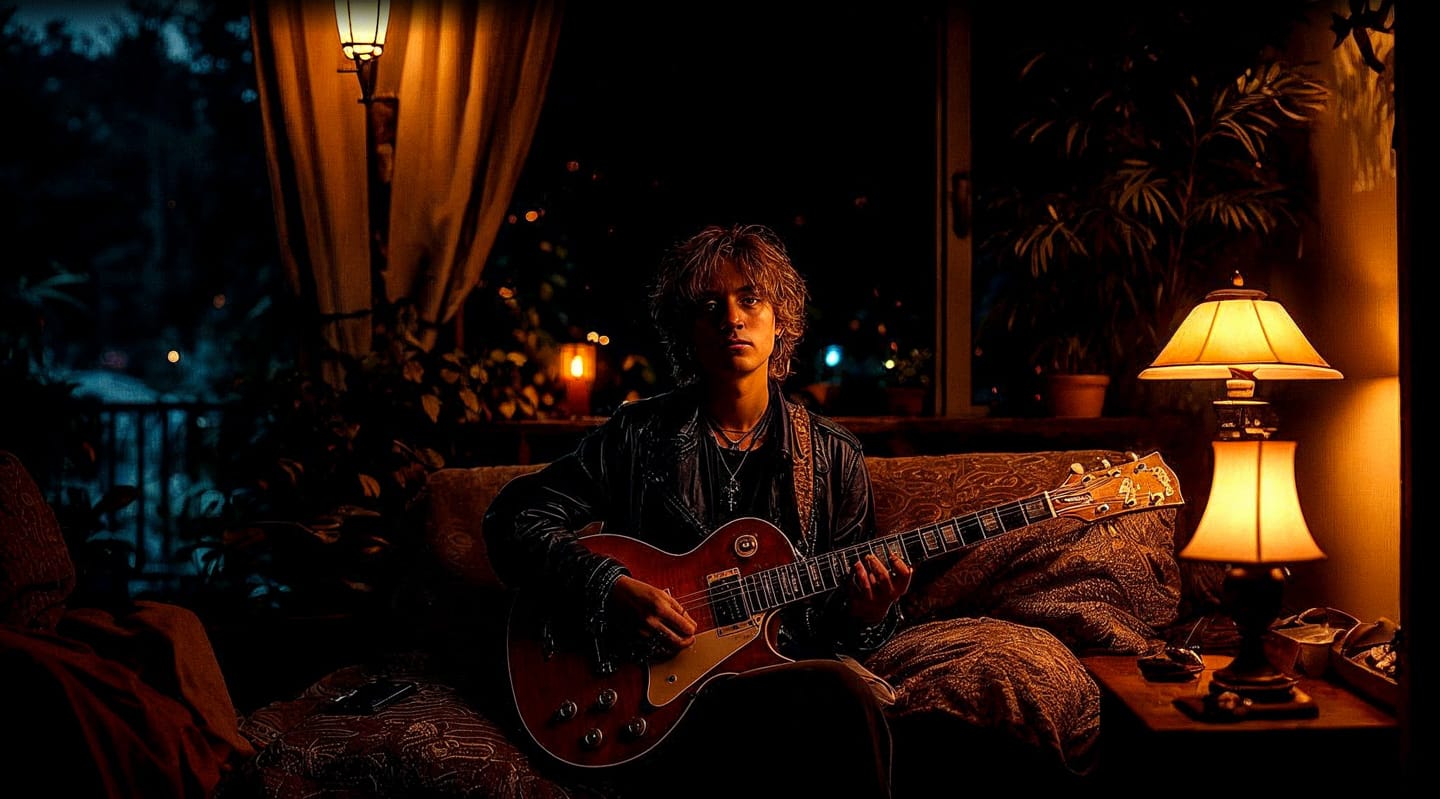 Rock-star guitarist seated on a sofa, editorial portrait in warm amber lamplight and deep shadows