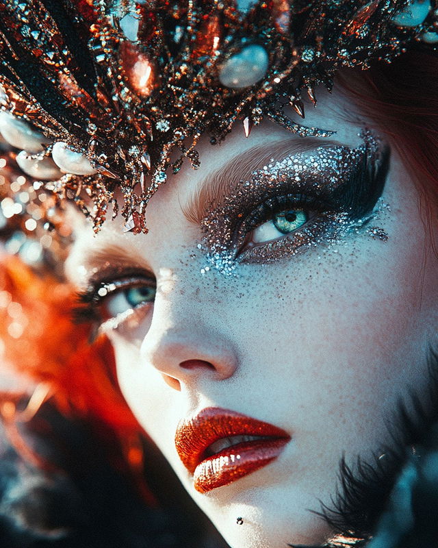 Close-up portrait of phantasmagoric queen with otherworldly crown, showcasing Midjourney prompt techniques for unique visual styles.
