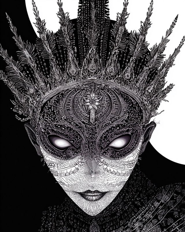 Close-up portrait of phantasmagoric queen with otherworldly crown, generated using Midjourney prompt with SREF code 3639803277.
