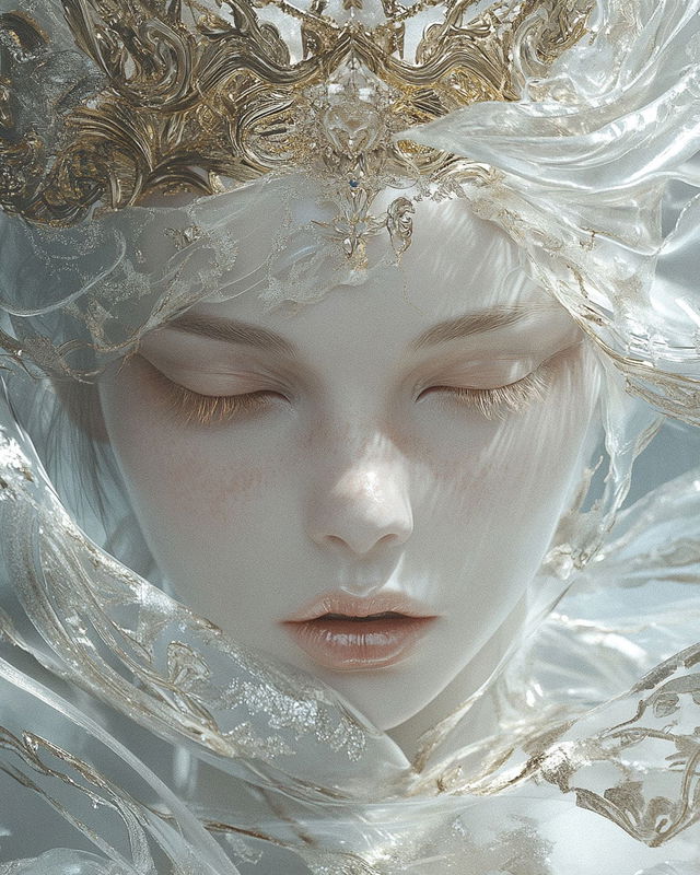 Close-up portrait of phantasmagoric queen with otherworldly crown, showcasing Midjourney prompt with SREF code 3726102179.
