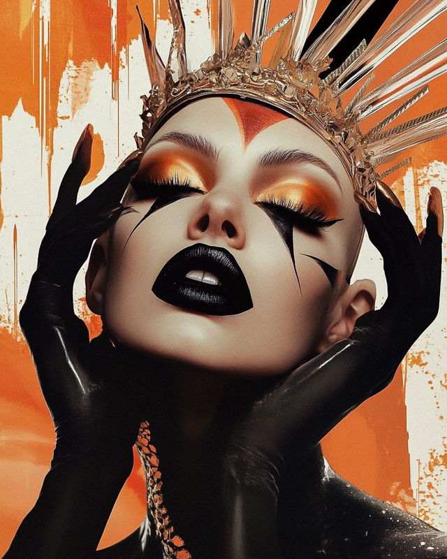 Close-up portrait of phantasmagoric queen with crown, showcasing Midjourney prompt techniques and SREF code 2147032375 for unique visual styles.