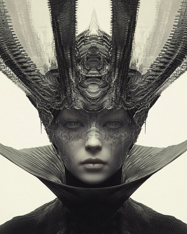 Close-up portrait of phantasmagoric queen with otherworldly crown, showcasing Midjourney prompt techniques and SREF code 303212441.