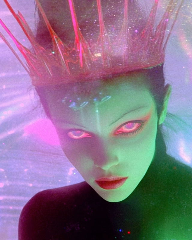 Close-up portrait of phantasmagoric queen with otherworldly crown, showcasing Midjourney prompt techniques and SREF codes for unique visual styles.