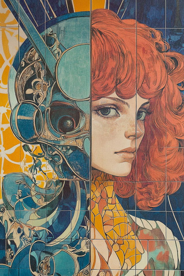 Midjourney prompt for Azulejo-themed Mecha anime style, blending artistic techniques and visual styles in text-to-image generation.