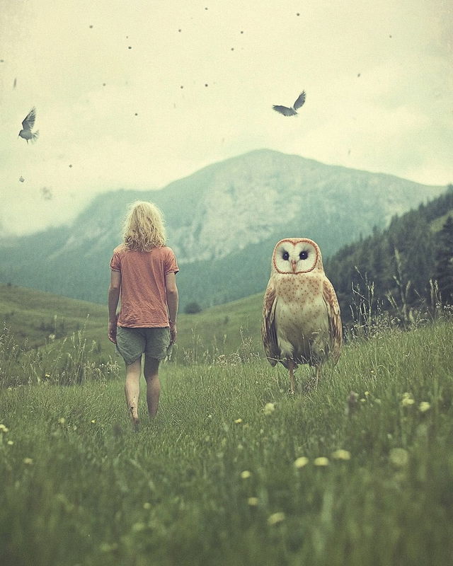 Wanderer in faraway lands with owl, showcasing Midjourney prompt engineering and SREF code application for unique visual styles.