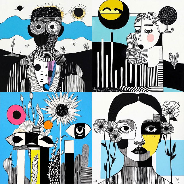 Artwork featuring diverse styles and patterns, showcasing Midjourney prompt engineering and SREF codes for unique visual aesthetics.