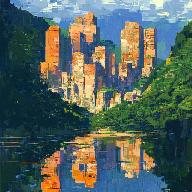 Futuristic megacity with bioarchitecture reflected in water, generated using Midjourney prompt techniques and SREF codes.