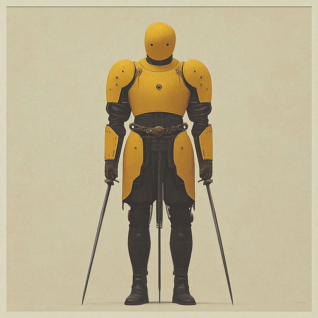 Concept art character design of retropunk steam knight using Midjourney prompt with SREF code 42414.