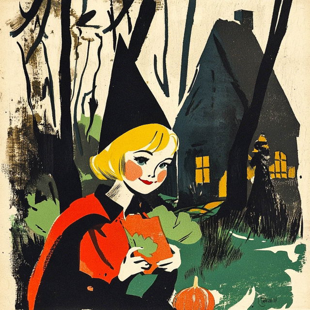 Retro fairy-tale illustration featuring a girl in a witch hat, pumpkin, and forest background, related to Midjourney prompt techniques.