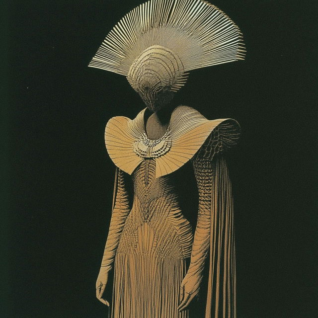 Haute-couture fashion outfit generated with Midjourney prompt using SREF code 662073165 for unique visual style.