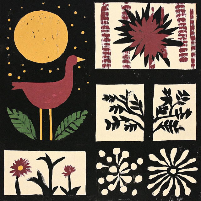 Traditional folk art representation using Midjourney prompt techniques, featuring stylized bird, flowers, and geometric patterns.