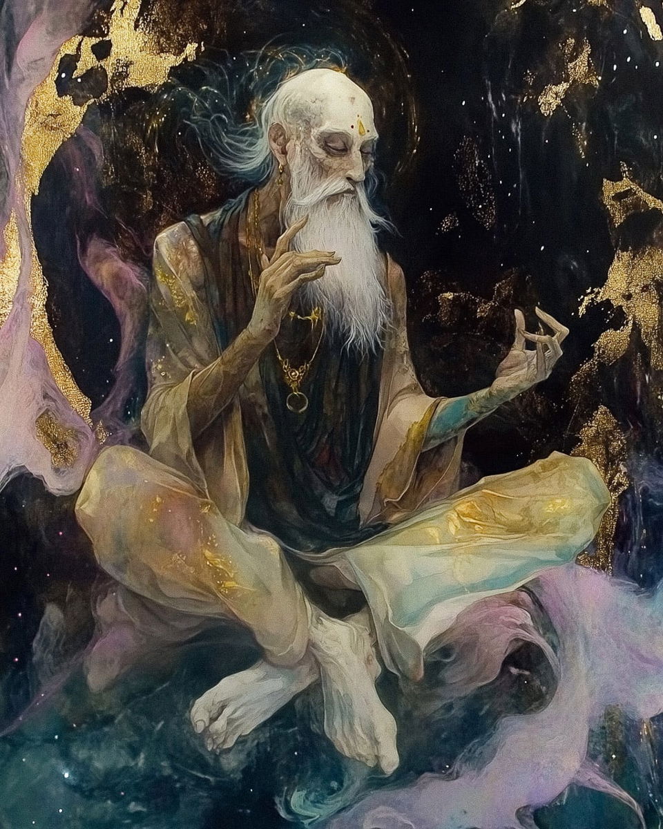Guru meditating in astral space, utilizing Midjourney prompt for unique visual style with SREF code 2735689867.