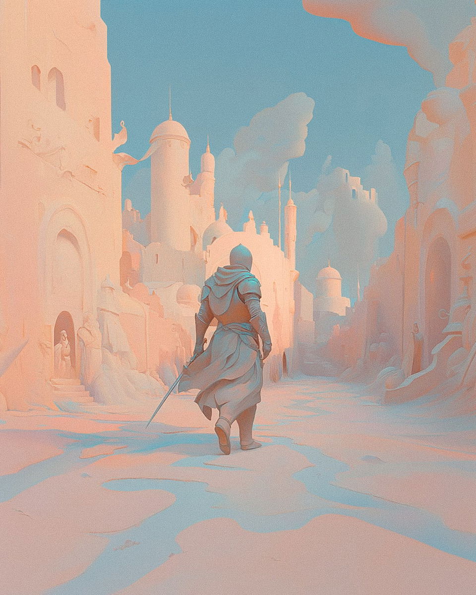 Valiant paladin walking through Agrabah streets, showcasing Midjourney prompt engineering with SREF code 1662627783 for unique visual styles.
