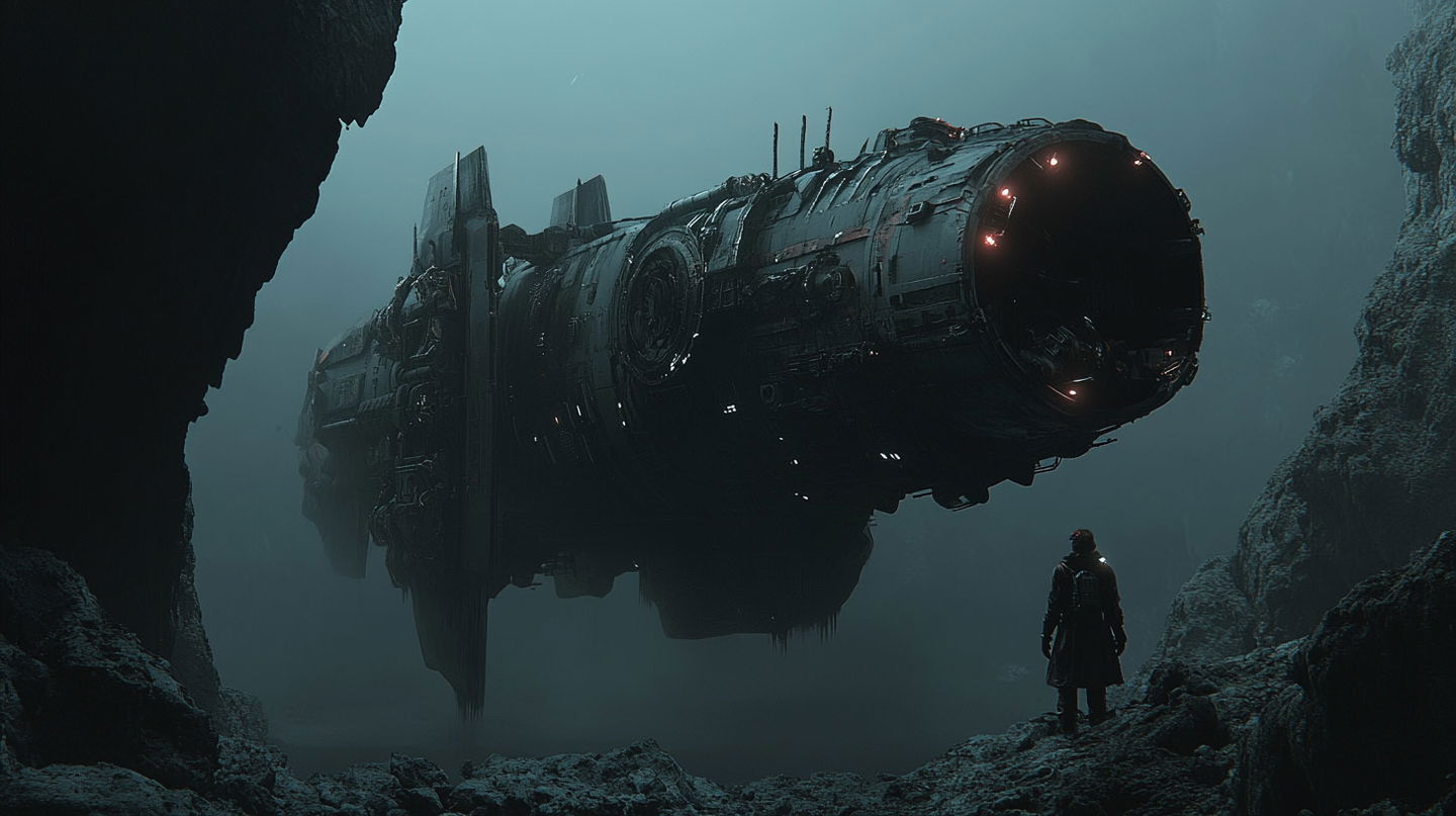 Cinematic shot of sci-fi spaceship in foggy environment, illustrating Midjourney prompt techniques and SREF code application.
