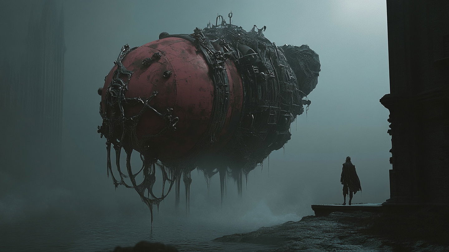 Cinematic shot from sci-fi movie featuring Midjourney prompt for unique visual styles and SREF codes.