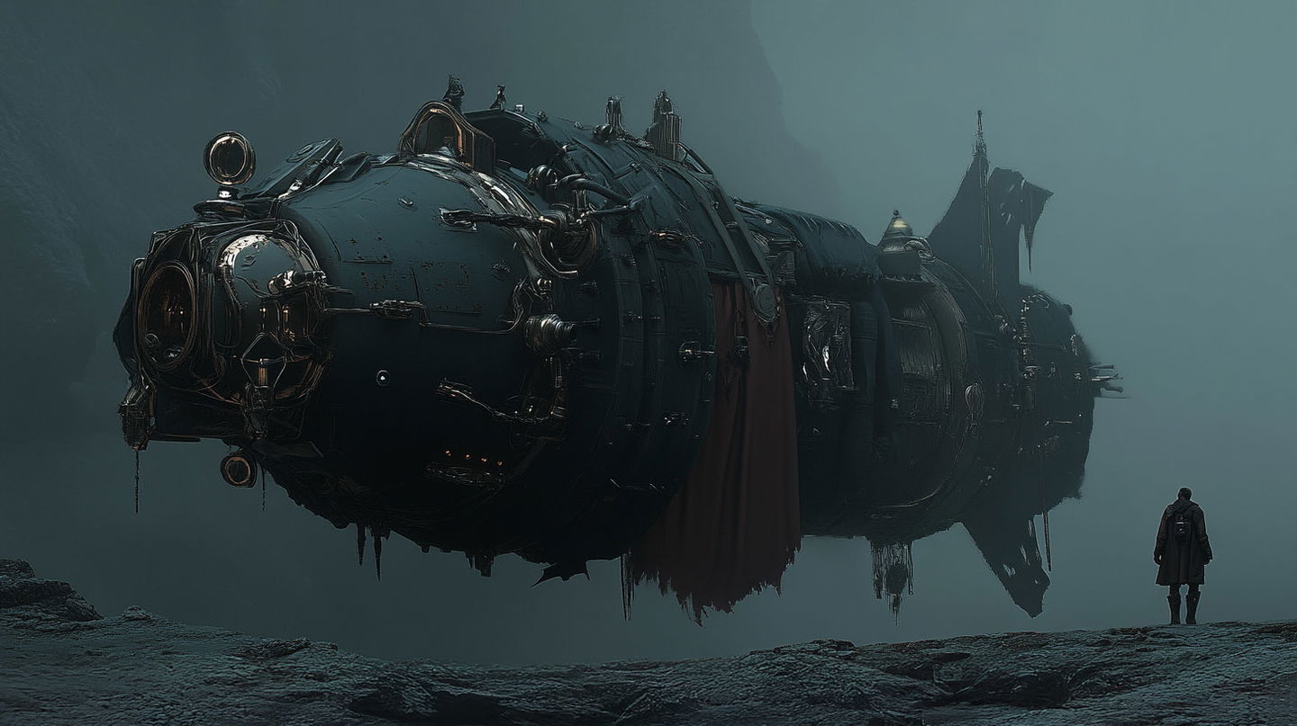 Cinematic shot of futuristic spacecraft in misty environment, showcasing Midjourney prompt techniques and SREF code application.