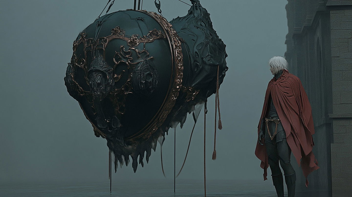 Cinematic shot from sci-fi movie featuring character with red cape and ornate object, Midjourney prompt engineering, SREF codes.