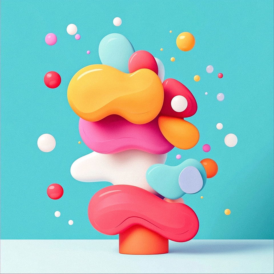 Abstract stack of colorful 3D shapes and spheres, glossy pastel palette on a turquoise background