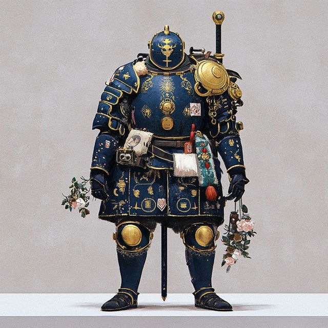Retropunk steam knight in ornate navy and gold armor, detailed concept art on a pale background