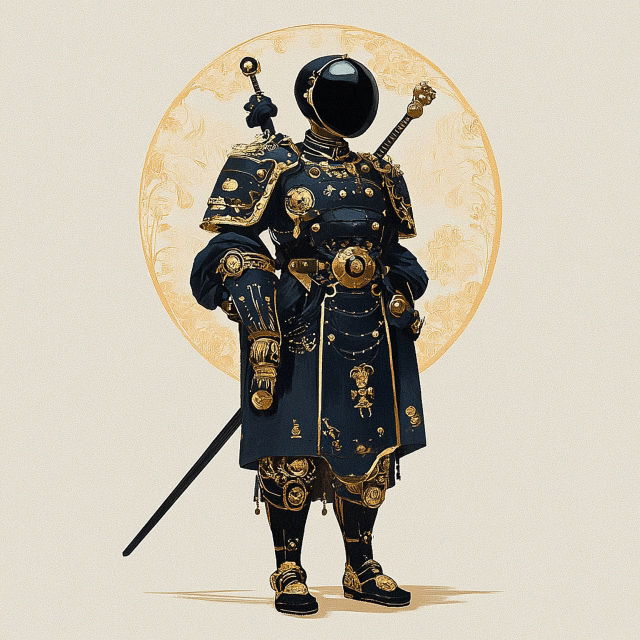 Retropunk steam knight in ornate black armor, vintage ink illustration with cream and gold accents