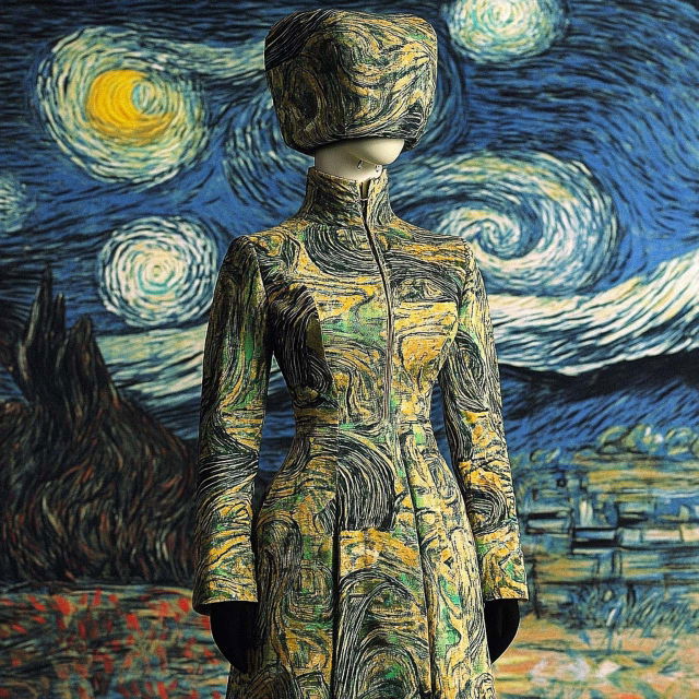 Haute-couture fashion outfit inspired by Van Gogh's style, showcasing Midjourney prompt engineering for unique visual aesthetics.