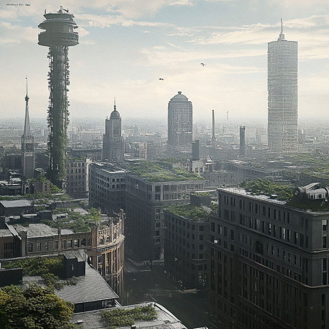 Futuristic megacity with bioarchitecture, showcasing Midjourney prompt engineering and SREF codes for unique visual styles.