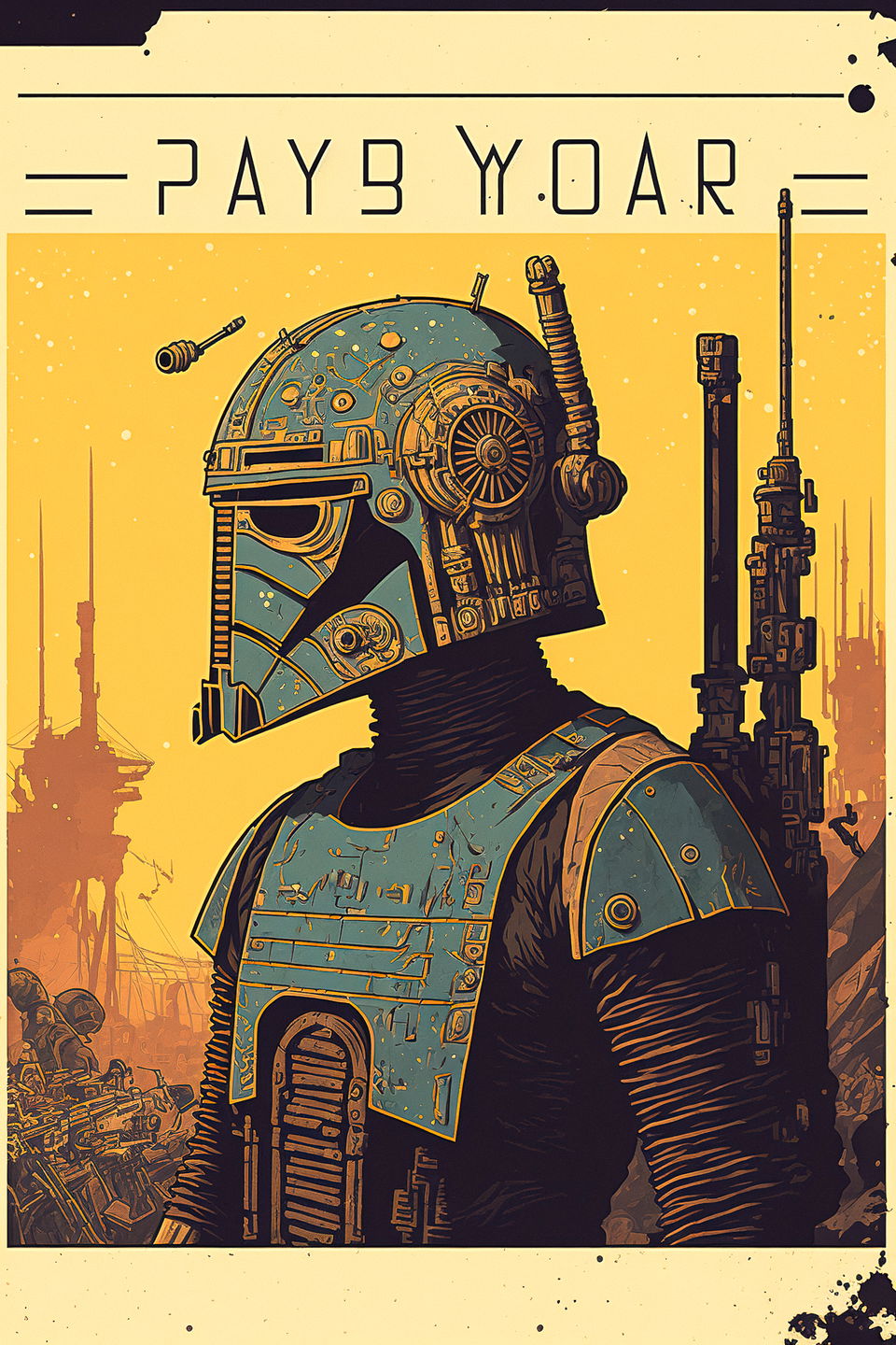 Star Wars Day postcard by Laurie Greasley featuring character in blue armor, Midjourney prompt techniques for holiday postcards.