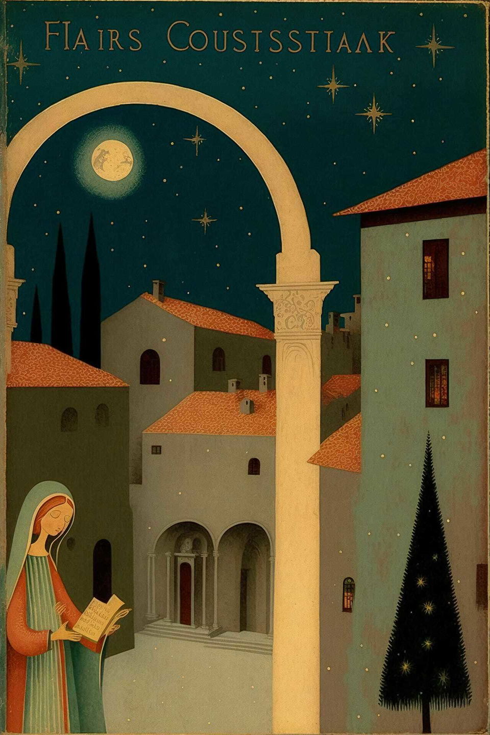 Holiday postcard scene featuring woman reading, archway, starry night, Christmas tree, Midjourney prompt techniques.