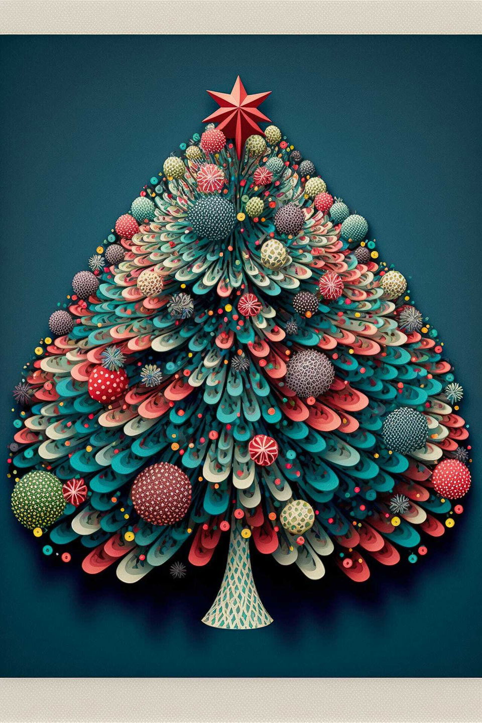 Christmas tree design using Midjourney prompt techniques, featuring colorful ornaments and unique patterns, by Joana Vasconcelos.