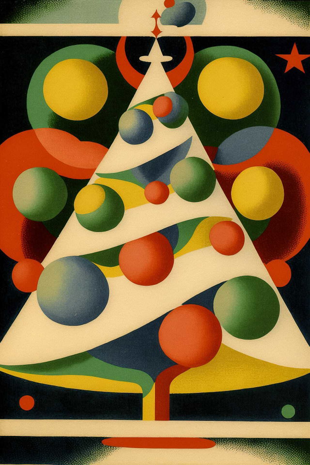 Midjourney prompt for Christmas postcard featuring abstract tree design by Robert Delaunay, vibrant colors, geometric shapes.