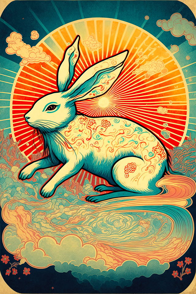 Leaping rabbit with ornate clouds and sunburst, vintage poster art in red, teal, and gold, Midjourney V4