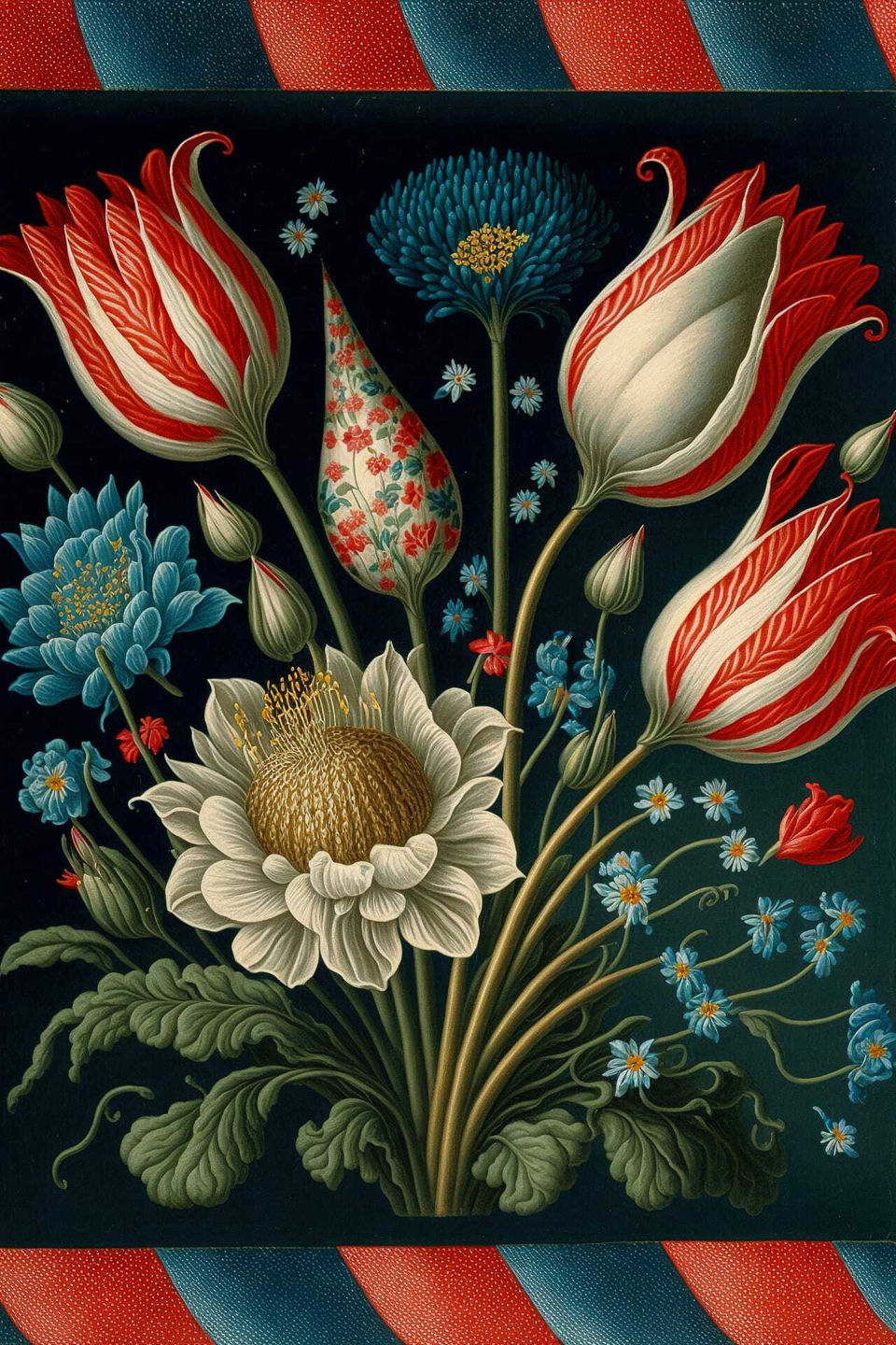 Floral arrangement artwork by Ambrosius Bosschaert, showcasing Midjourney prompt techniques for holiday postcard generation.