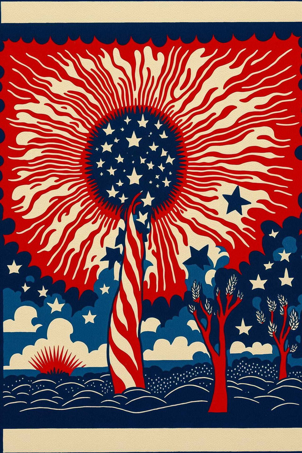 Woodblock print of patriotic scene with sun, stars, and trees. Midjourney prompt for holiday postcard design.