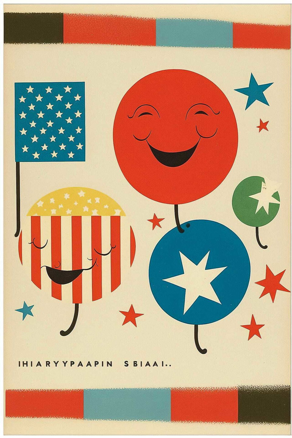 Colorful holiday postcard featuring smiling balloons and stars, inspired by Midjourney prompt techniques for festive designs.