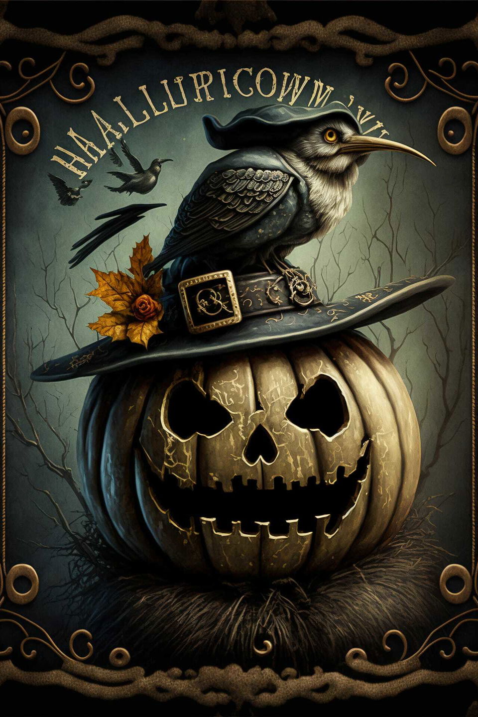 Halloween postcard featuring carved pumpkin, crow with hat, autumn leaves, Midjourney prompt for spooky art style.