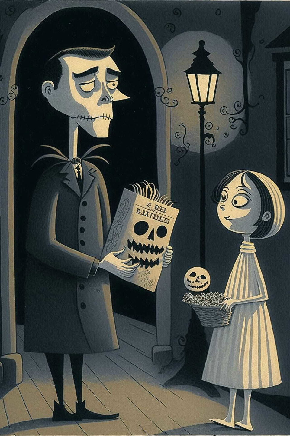 Midjourney prompt for Halloween postcard featuring skeleton characters, spooky atmosphere, art style by Paul Rand.