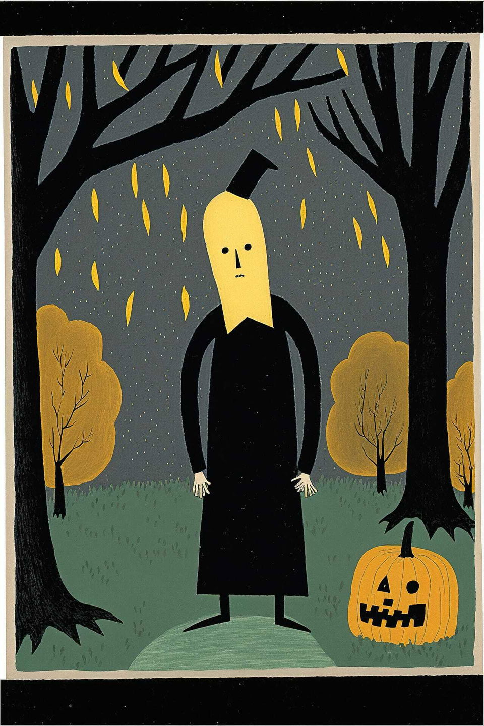 Halloween postcard featuring character by Horace Pippin, Midjourney prompt for spooky art style, pumpkin, autumn leaves.
