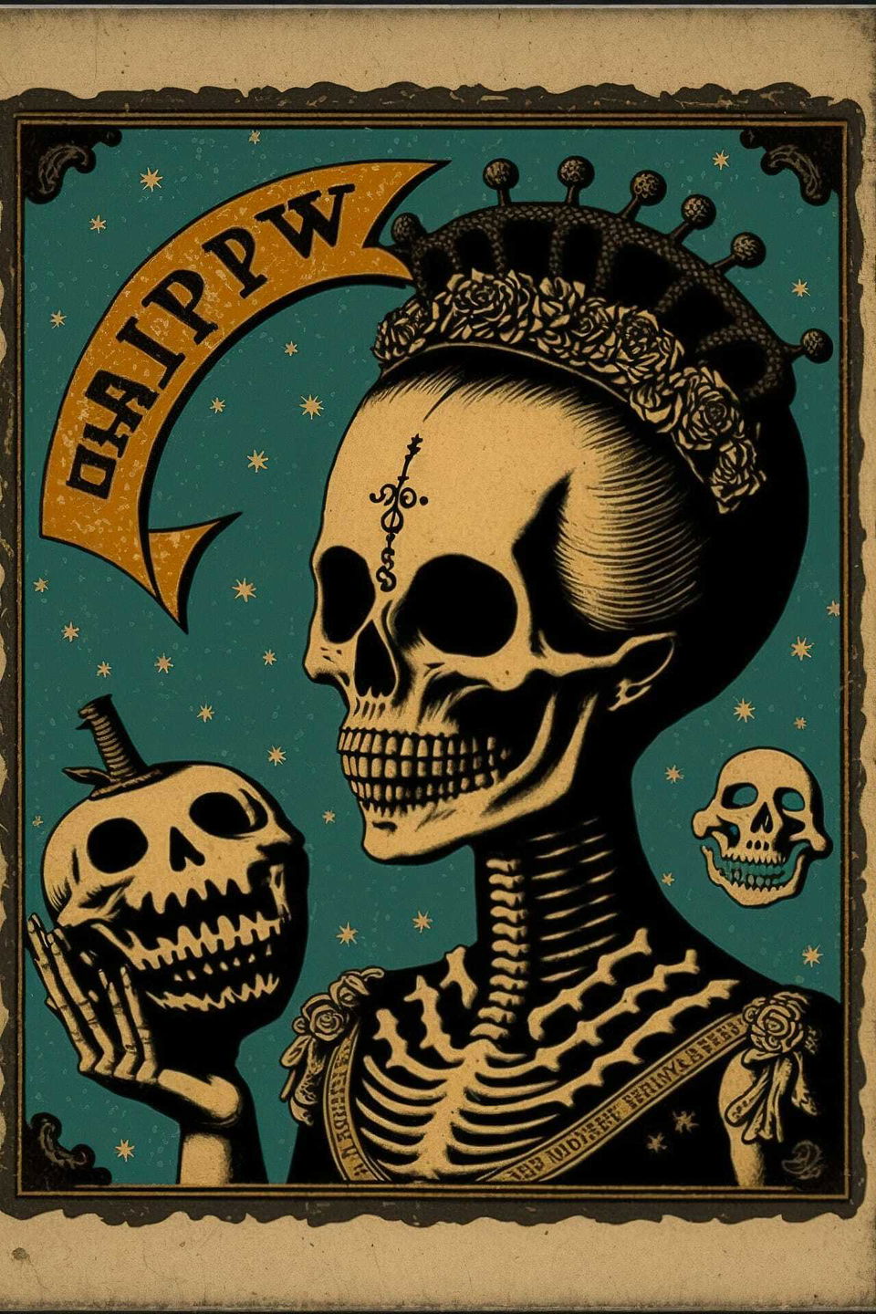 Dia De Los Muertos postcard featuring skeletons, prompt for Midjourney AI art generation, by Ravi Zupa.