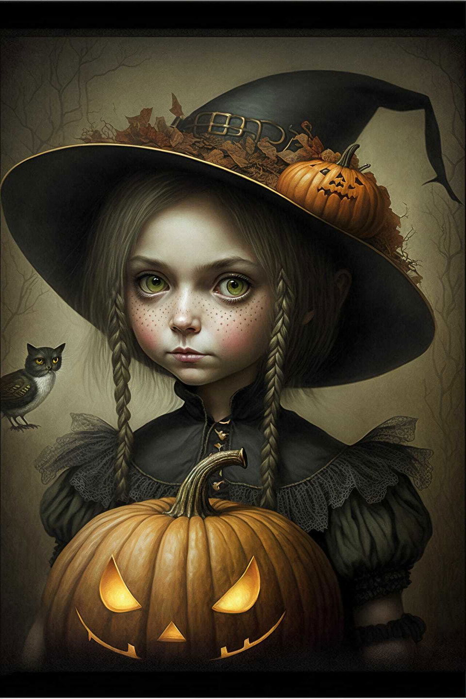 Halloween-themed Midjourney prompt featuring girl with pumpkin, spooky atmosphere, art style integration, by Anja Millen.