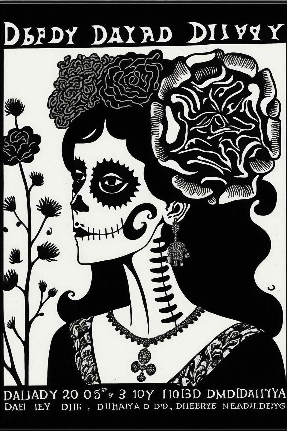 Dia De Los Muertos postcard design featuring skull art, floral elements, Midjourney prompt customization, by Aubrey Beardsley.